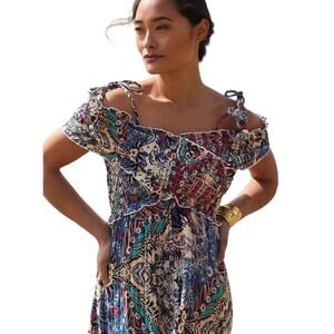 Anthropologie Smocked Gauze Criss Cross Off Shoulder Maxi Dress‎ XS